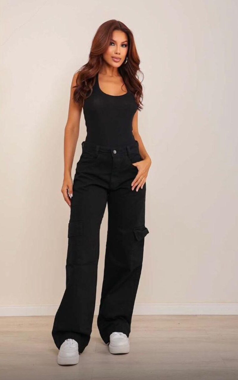 calça wid leg cargo preta 000710